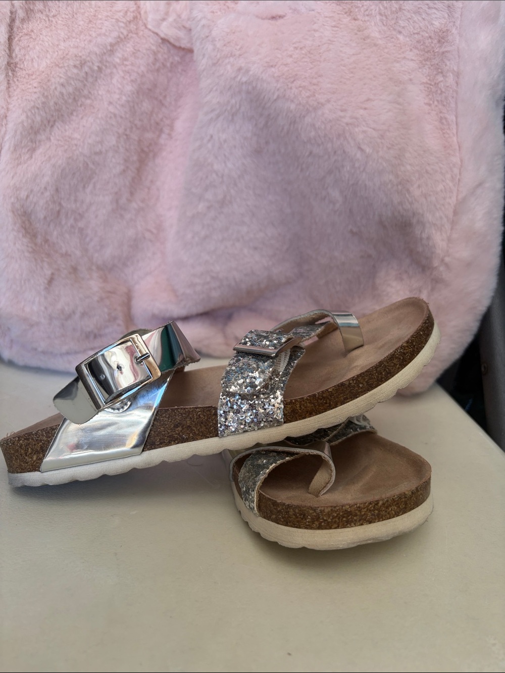 White Mountain Silver Glitter Metallic Cork Footbed Sandals